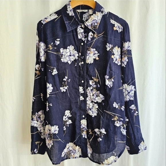 Punt Roma Navy Blue Floral Print Linen Blouse - Picture 3 of 16